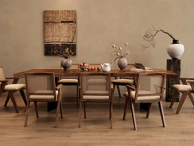 Natural Wooden Dining Table Set With Rattan Back Chairs And Tabletop Decorations 3d model