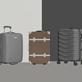 Three Unique Luggage Suitcases Featuring Gray Brown Retro Straps And Wavy Textured Patterns