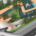 Modern Building Facade with Curved Architectural Design and Glass Elements Surrounded by Trees 3d model
