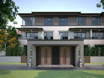 Modern Townhouse Exterior Design Featuring Double Doors Porch Large Windows And Lush Greenery 3d model