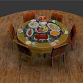 Round Dining Table With Orange Chairs And Various Food Dishes On Wooden Surface