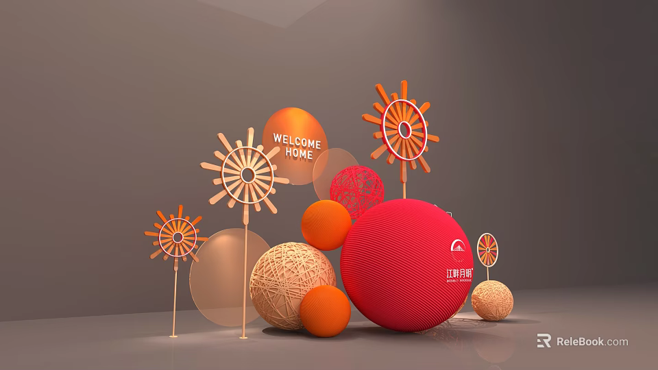 Welcome Home Decorative Display With Red Sphere Orange Balls And Pinwheel Ornaments 3d model 