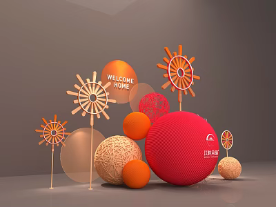 Welcome Home Decorative Display With Red Sphere Orange Balls And Pinwheel Ornaments 3d model