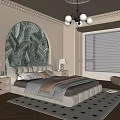 Elegant Bedroom Interior With Arched Leaf Pattern Mural Large Bed Chandelier And Window Blinds