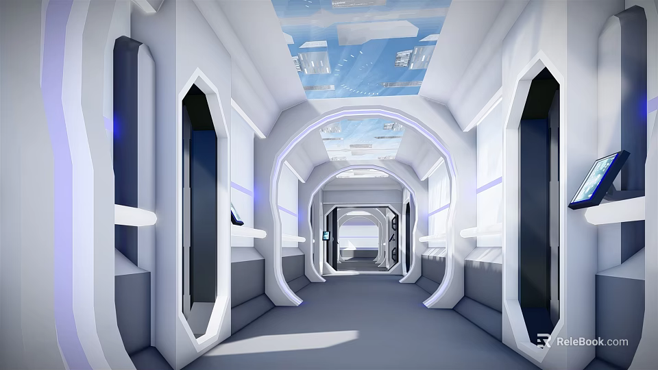 Futuristic Elevator Corridor Interior With Curved White Design And Glass Ceiling 3d model 