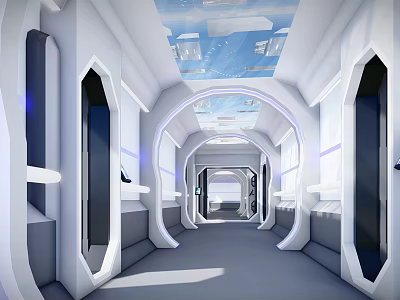 Futuristic Elevator Corridor Interior With Curved White Design And Glass Ceiling 3d model