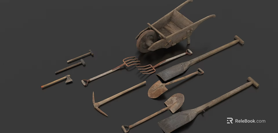 Vintage Garden Tools Collection Featuring Wheelbarrow Fork Shovel Hoe and Pickaxe 3d model 