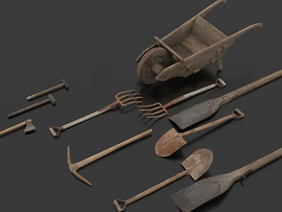 Vintage Garden Tools Collection Featuring Wheelbarrow Fork Shovel Hoe and Pickaxe 3d model