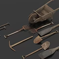 Vintage Garden Tools Collection Featuring Wheelbarrow Fork Shovel Hoe and Pickaxe
