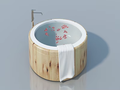 Swing Door Bathroom Interior With Wooden Round Bathtub And Red Petals 3d model