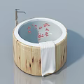 Swing Door Bathroom Interior With Wooden Round Bathtub And Red Petals