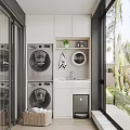 Modern Laundry Room With Washing Machine Dryer Cabinets And Green Plants