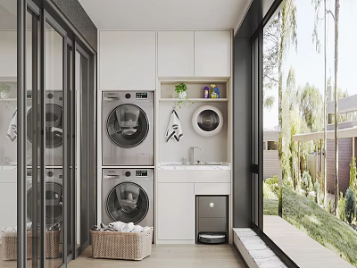 Modern Laundry Room With Washing Machine Dryer Cabinets And Green Plants 3d model