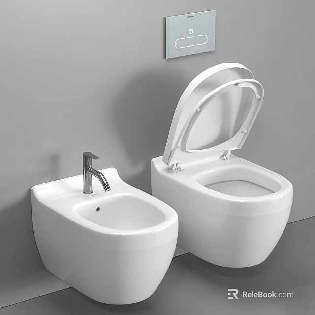 Modern White Ceramic Toilet With Bidet And Silver Faucet On Gray Wall 3d model 