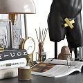 Elegant Decorative Ornaments Set With Bust Sculpture Table Lamp Framed Art Brass Accents And Books