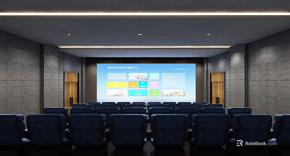 Modern Cinema Interior Design With Comfortable Seats Large Screen And Bright Lighting 3d model