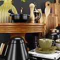 Modern Kitchen Utensils Including Wooden Spoons Cutting Boards Mortar And Storage Jars