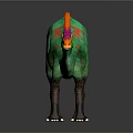 Green Dinosaur Model with Colorful Patterns and Orange Red Crest Standing on Dark Background