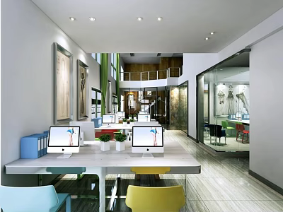 Modern Public Office Space With Open Layout Desks Computers And Colorful Chairs 3d model