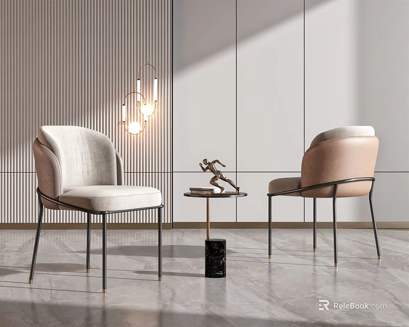 Modern Table and Chair Set with Comfortable Seats Striped Wall and Hanging Lamp 3d model 