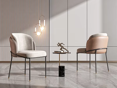 Modern Table and Chair Set with Comfortable Seats Striped Wall and Hanging Lamp 3d model