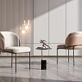 Modern Table and Chair Set with Comfortable Seats Striped Wall and Hanging Lamp