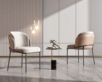 Modern Table and Chair Set with Comfortable Seats Striped Wall and Hanging Lamp 3d model