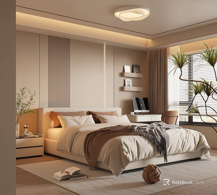 Cozy Modern Bedroom Interior With Beige Tones Bedhead Decor Floating Shelves And Window Plants 3d model 
