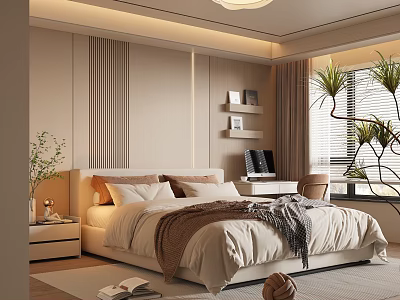 Cozy Modern Bedroom Interior With Beige Tones Bedhead Decor Floating Shelves And Window Plants 3d model