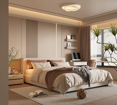 Cozy Modern Bedroom Interior With Beige Tones Bedhead Decor Floating Shelves And Window Plants 3d model