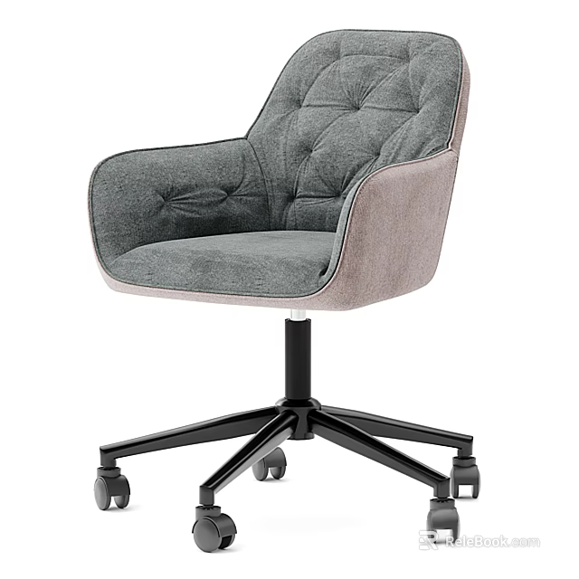 Grey Velvet Tufted Backrest Office Chair With Armrests And Black Metal Wheels 3d model 