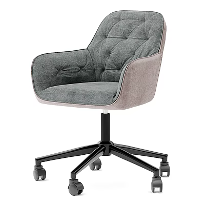 Grey Velvet Tufted Backrest Office Chair With Armrests And Black Metal Wheels 3d model