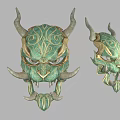 Two Turquoise Mythical Masks With Intricate Patterns Horns And Sharp Fangs On Black Background