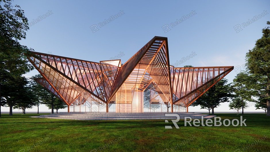 Modern Small Public Building Rural Exhibition Center Glass Building Rural Culture Center Curved Exhibition Building Rural Post Station model