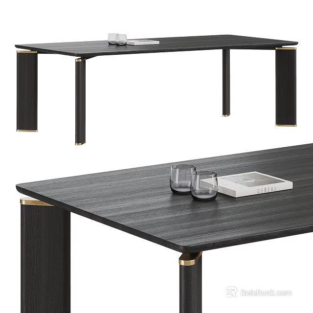 Contemporary Dark Wooden Dining Table With Metallic Gold Legs And Glassware On Top 3d model 