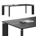 Contemporary Dark Wooden Dining Table With Metallic Gold Legs And Glassware On Top