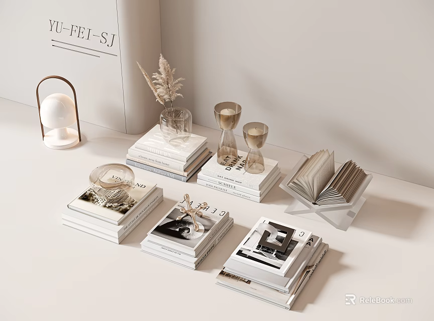Minimalist Decorative Ornament Set With Stacked Open Books Glass Candle Holders And Feather Decor 3d model 
