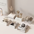 Minimalist Decorative Ornament Set With Stacked Open Books Glass Candle Holders And Feather Decor