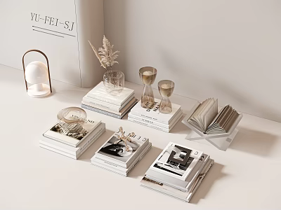 Minimalist Decorative Ornament Set With Stacked Open Books Glass Candle Holders And Feather Decor 3d model