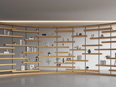 Curved Wooden Bookshelf With Multiple Shelves Books Decorative Items And Green Plants On Gray Background 3d model