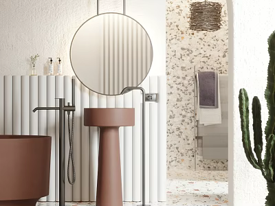 Modern Public Restroom Interior With Round Mirror Brown Pedestal Sink White Wall And Green Cactus 3d model