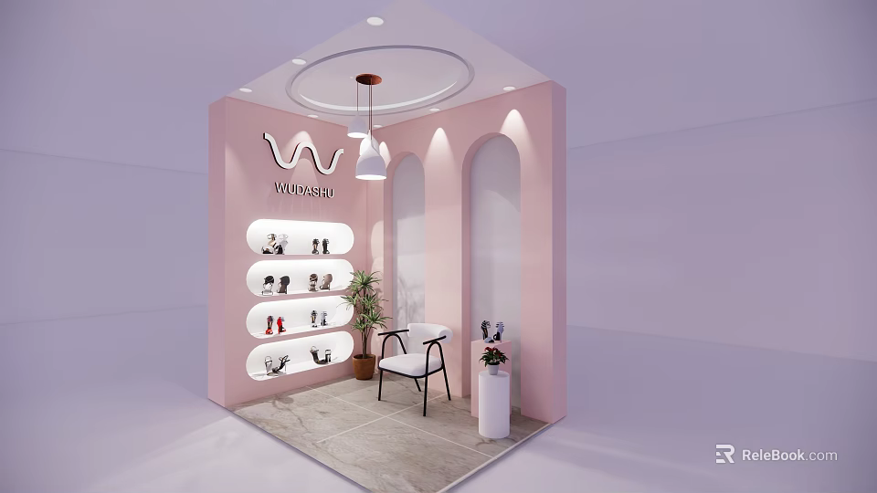 Pink MUSKAL Shoe Store With Display Shelves Shoes White Chair And Potted Plant 3d model 