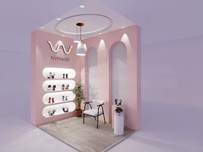 Pink MUSKAL Shoe Store With Display Shelves Shoes White Chair And Potted Plant 3d model