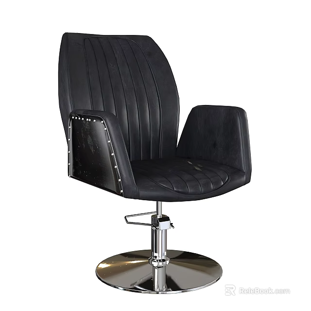Black Leather Office Chair With Vertical Stripe Backrest Riveted Armrests And Metal Base 3d model 