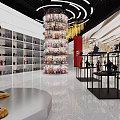 Large Anime Action Figure in Modern Display Space with Shelves Collectibles Shiny Floor Circular Lights