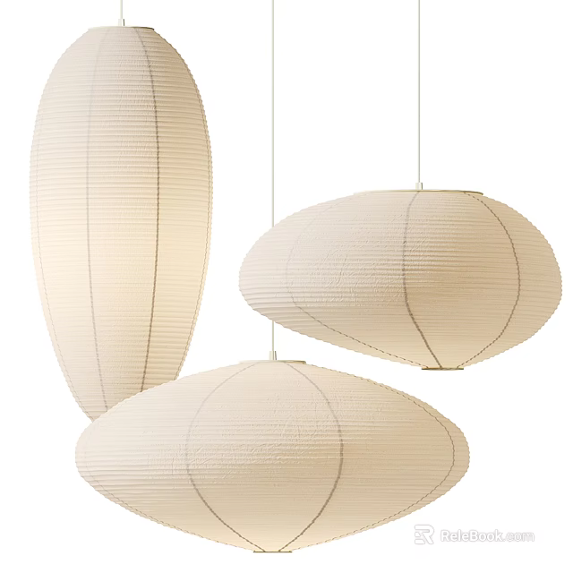 Three Modern Paper Pendant Lights With Minimalist Oval Shape And Striped Pattern 3d model
