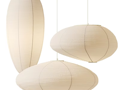 Three Modern Paper Pendant Lights With Minimalist Oval Shape And Striped Pattern 3d model