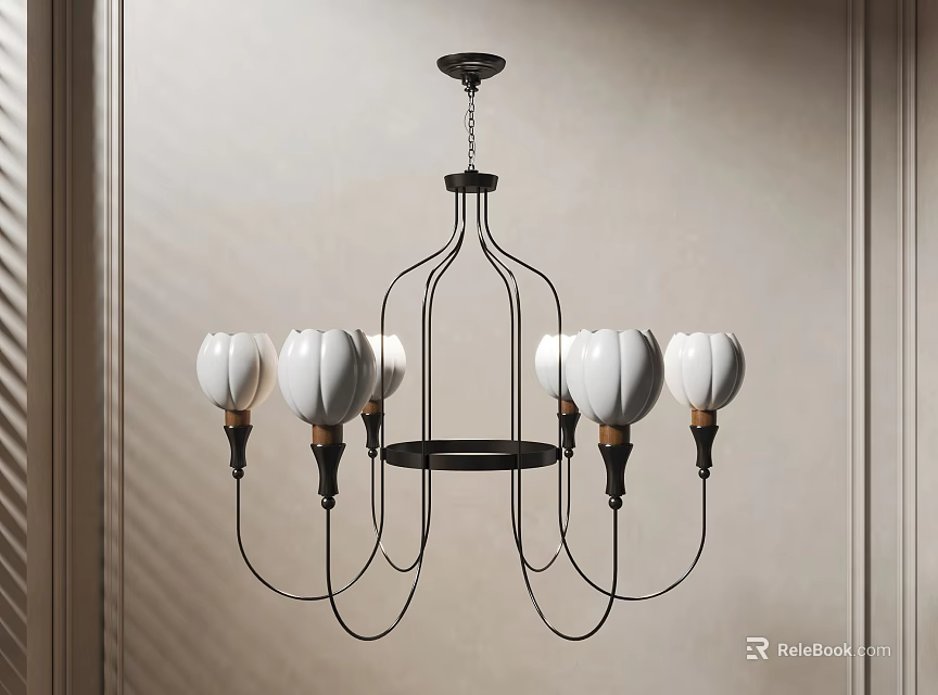 Elegant Black Metal Frame Chandelier With White Petal Shades For Modern Indoor Lighting 3d model 