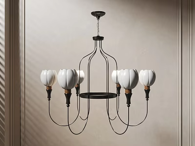 Elegant Black Metal Frame Chandelier With White Petal Shades For Modern Indoor Lighting 3d model