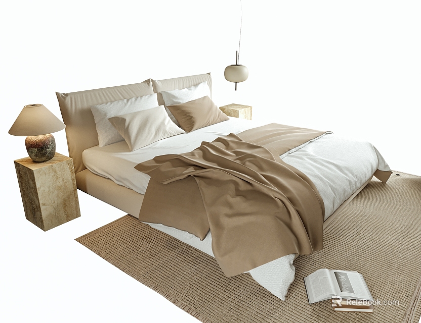 Elegant Double Bed Interior With Beige Blanket Pillows Nightstand Lamp And Woven Rug 3d model 